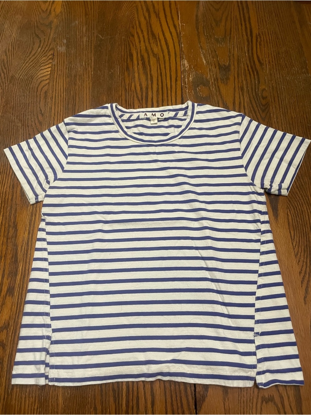 AMO White and Blue Striped Short Sleeve Twist Tee
